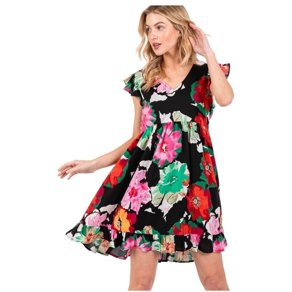 Jodifl Black Floral Ruffle Shoulder Dress Size Small
